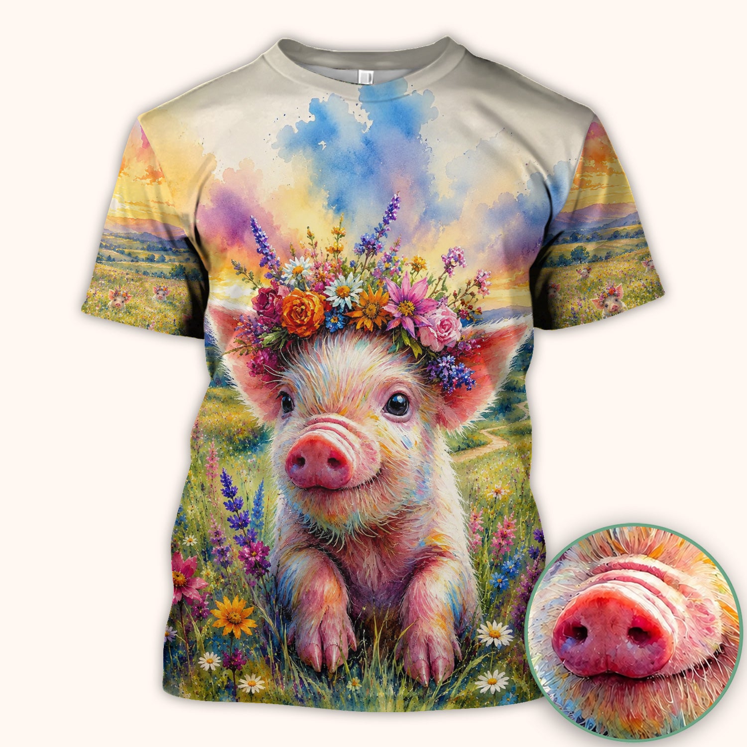 Cute Floral Piglet Pediatric Pattern Scrub Top, Comfortable Scrubs for Nurses