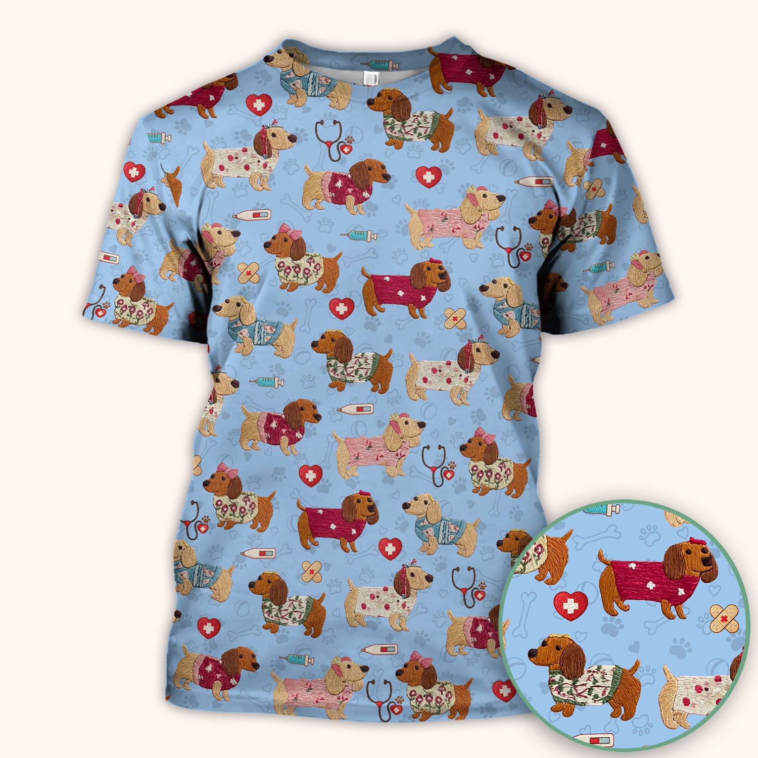 Cute Medical Wiener Dog Pattern Nurse Shirt, Dachshund Nursing Scrub Top, Breathable Fabrics Nursing Uniform