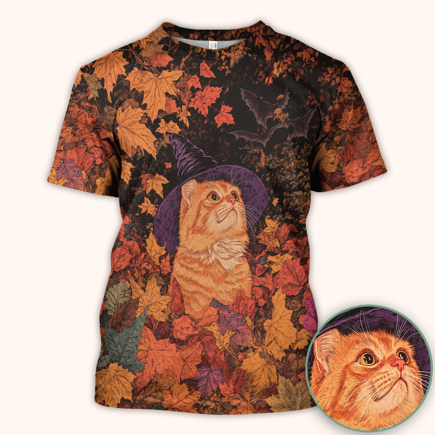 Autumn Cat with Fall Leaves Scrub Top, Comfortable Scrubs for Nurses