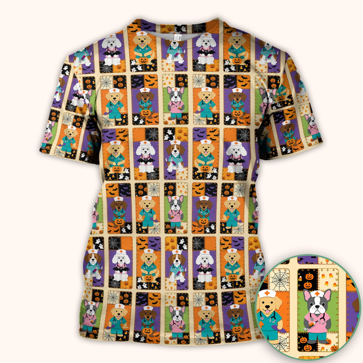 Spooky Halloween Dog Veterinary Scrub Top, Comfortable Scrubs for Nurses