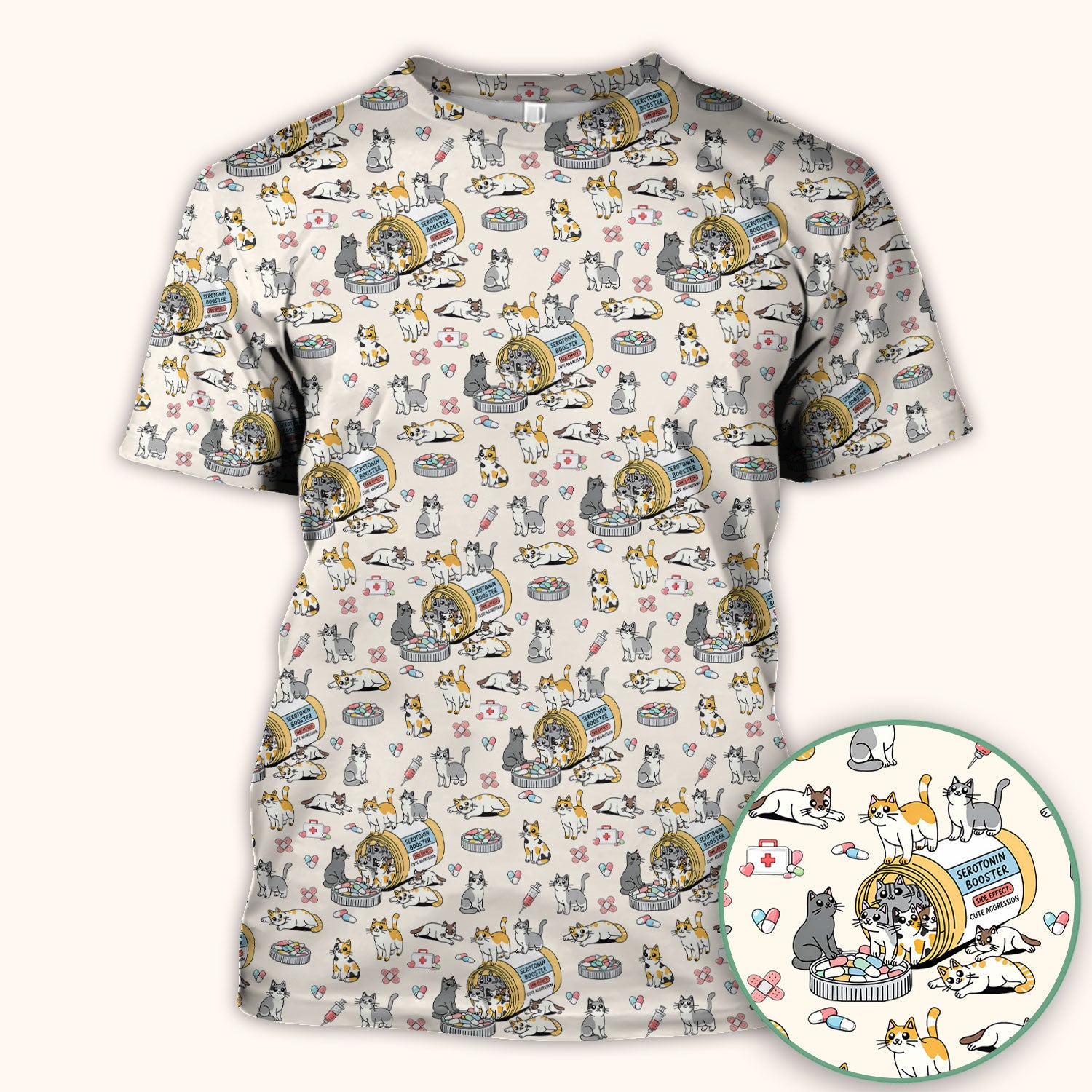 Cute Cat Serotonin Booster Pattern Scrub Top, Comfortable Scrubs for Nurses