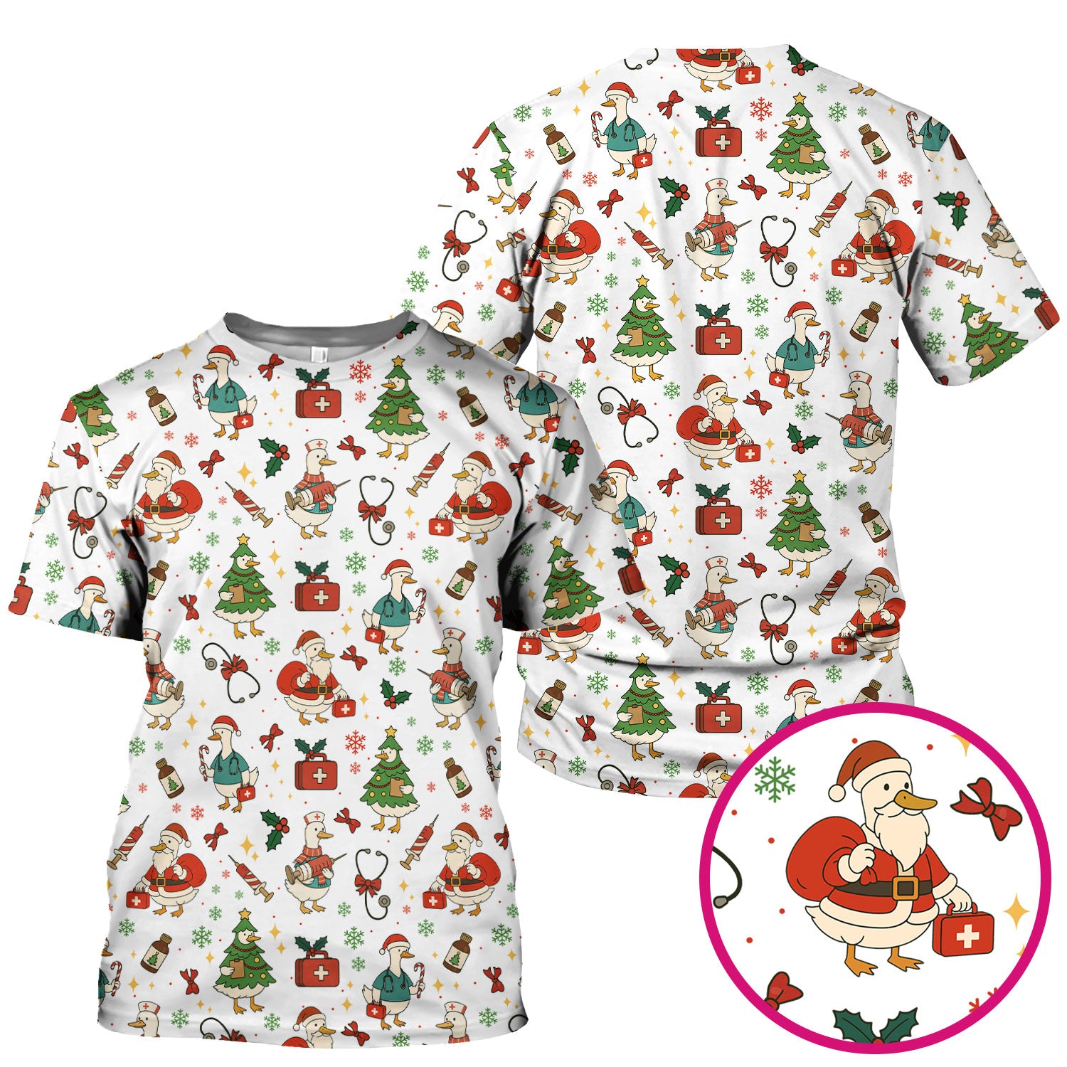 Christmas Duck Nurse Scrub Top for Women - Cute Santa Claus Pattern - Funny Holiday Nursing Shirt Gift for RN LPN CNA