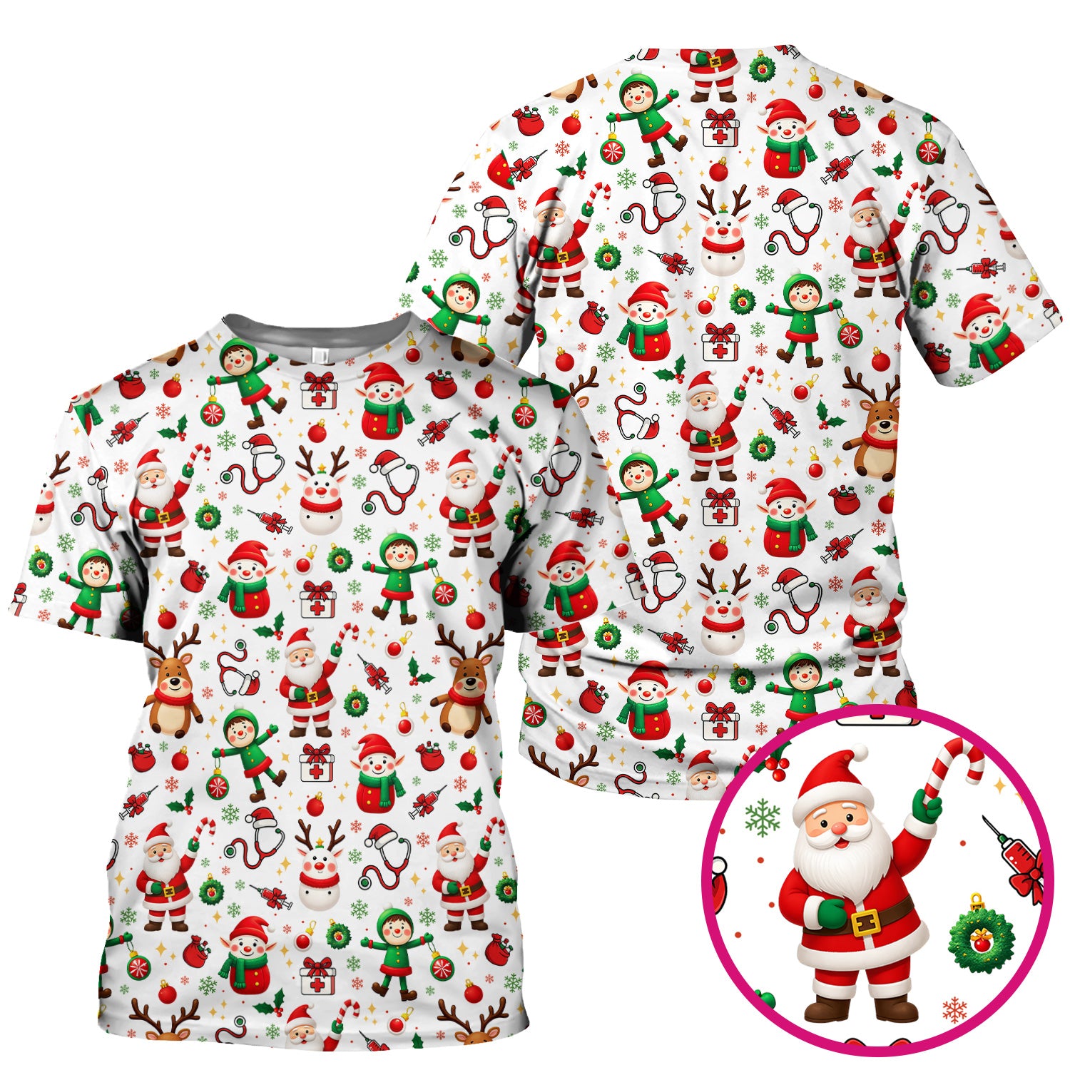 Santa Christmas Scrub Top - Cute Holiday Nurse Medical Shirt - Festive Reindeer Med Uniform for Women RN CNA LPN