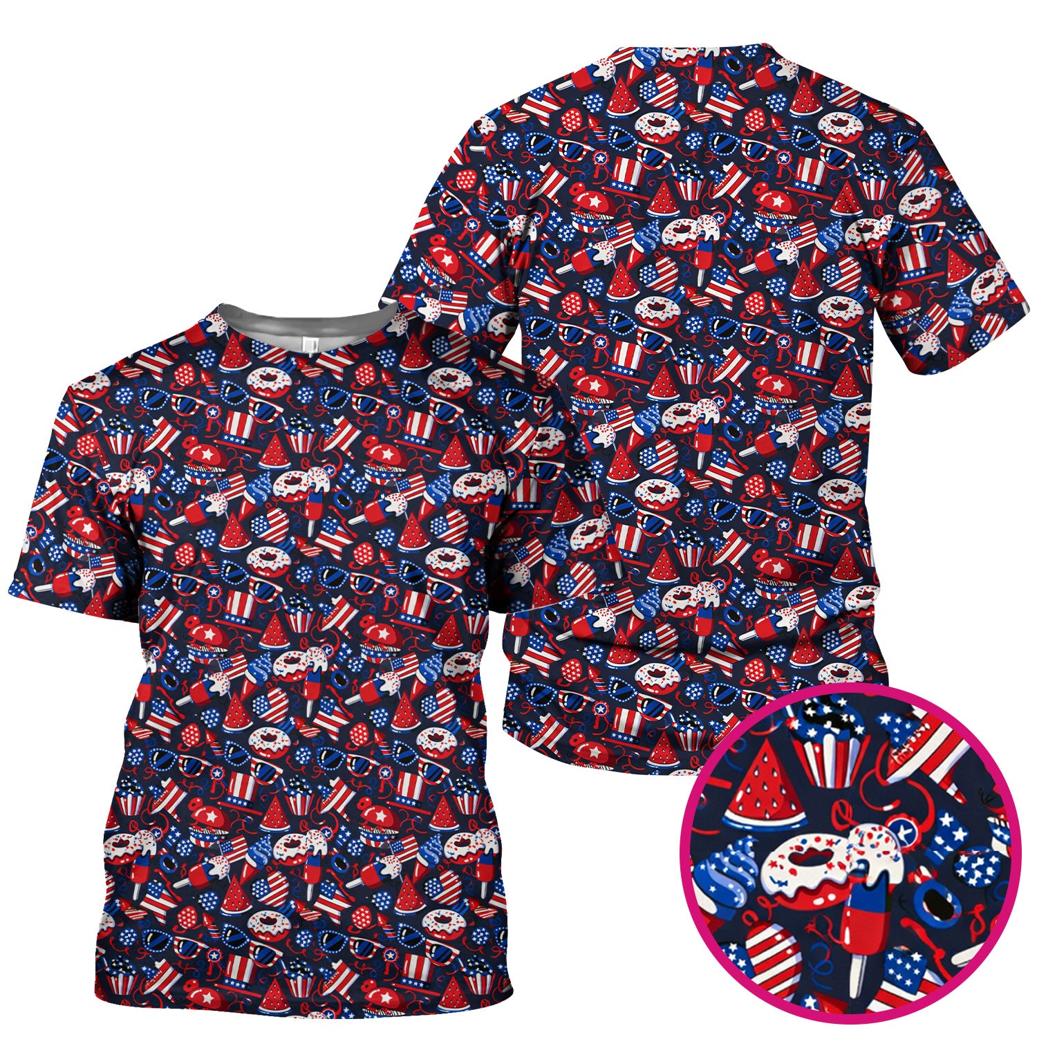 Cute Patriotic 4th of July Print V Neck Scrub Top for Nurses, Red Blue Medical Uniform
