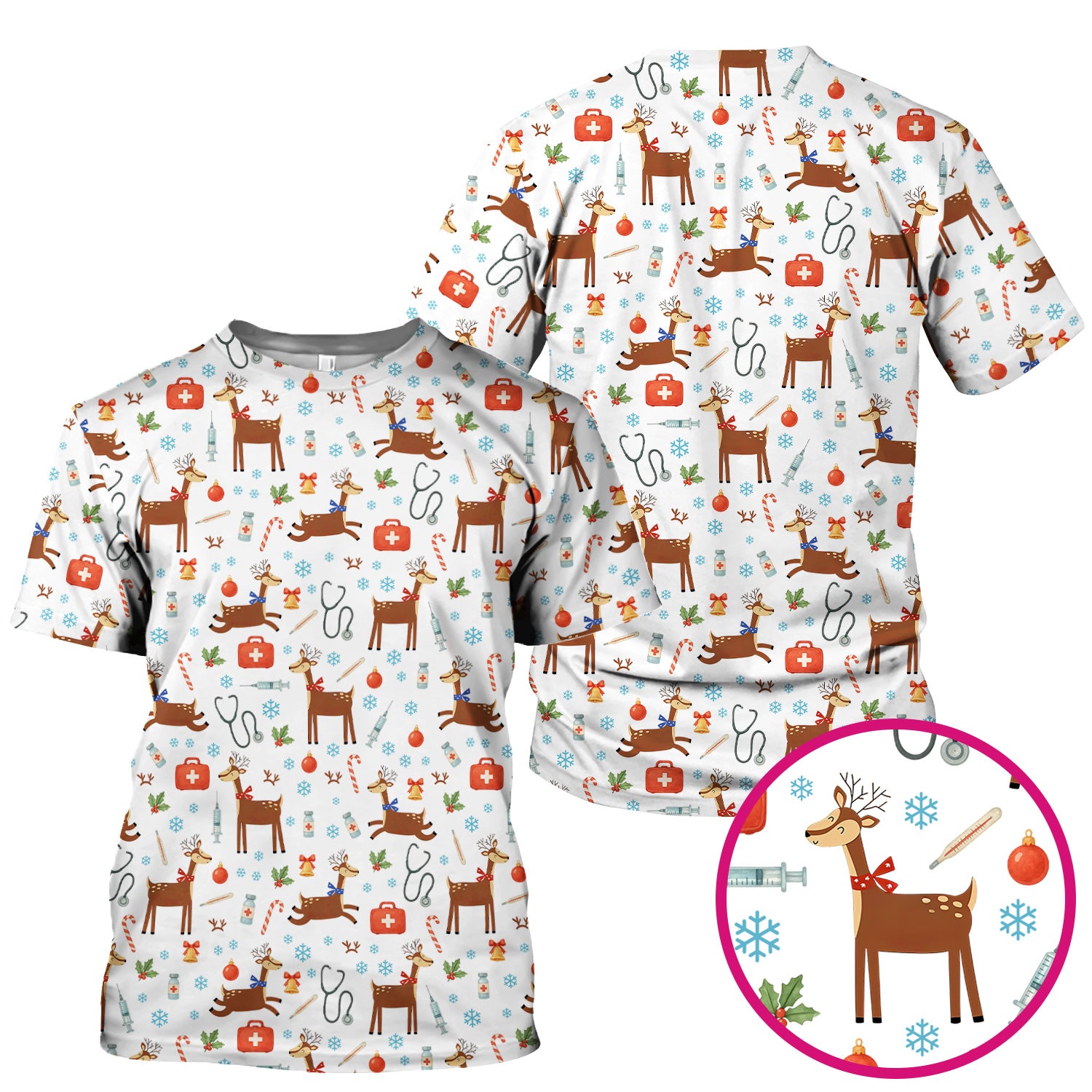 Christmas Reindeer Scrub Top for Nurses - Cute Reindeers Snowflakes Candy Canes Shirt - Comfortable Med Uniform
