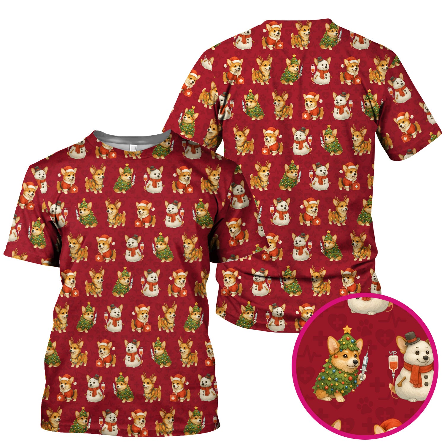 Cute Christmas Corgi Scrubs - Festive Pattern Scrub Top for Women - Cozy Holiday Nurse Scrubs Gift for Dog Lovers