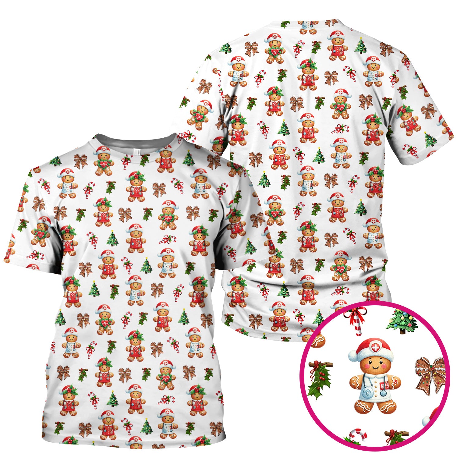 Funny Christmas Scrub Top for Nurse - Adorable Gingerbread Candy Cane Bow- Festive Medical Uniform for Women