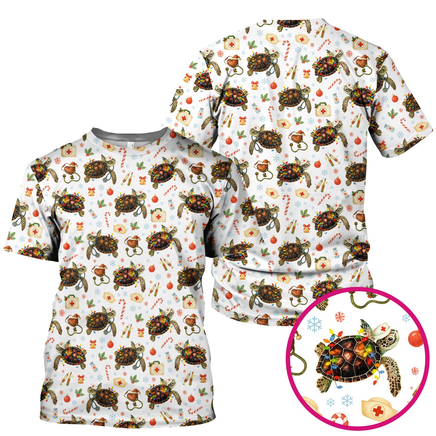Funny Christmas Scrub Top - Sea Turtle with Xmas Lights Shirt - Holiday Nurse Scrubs for Women