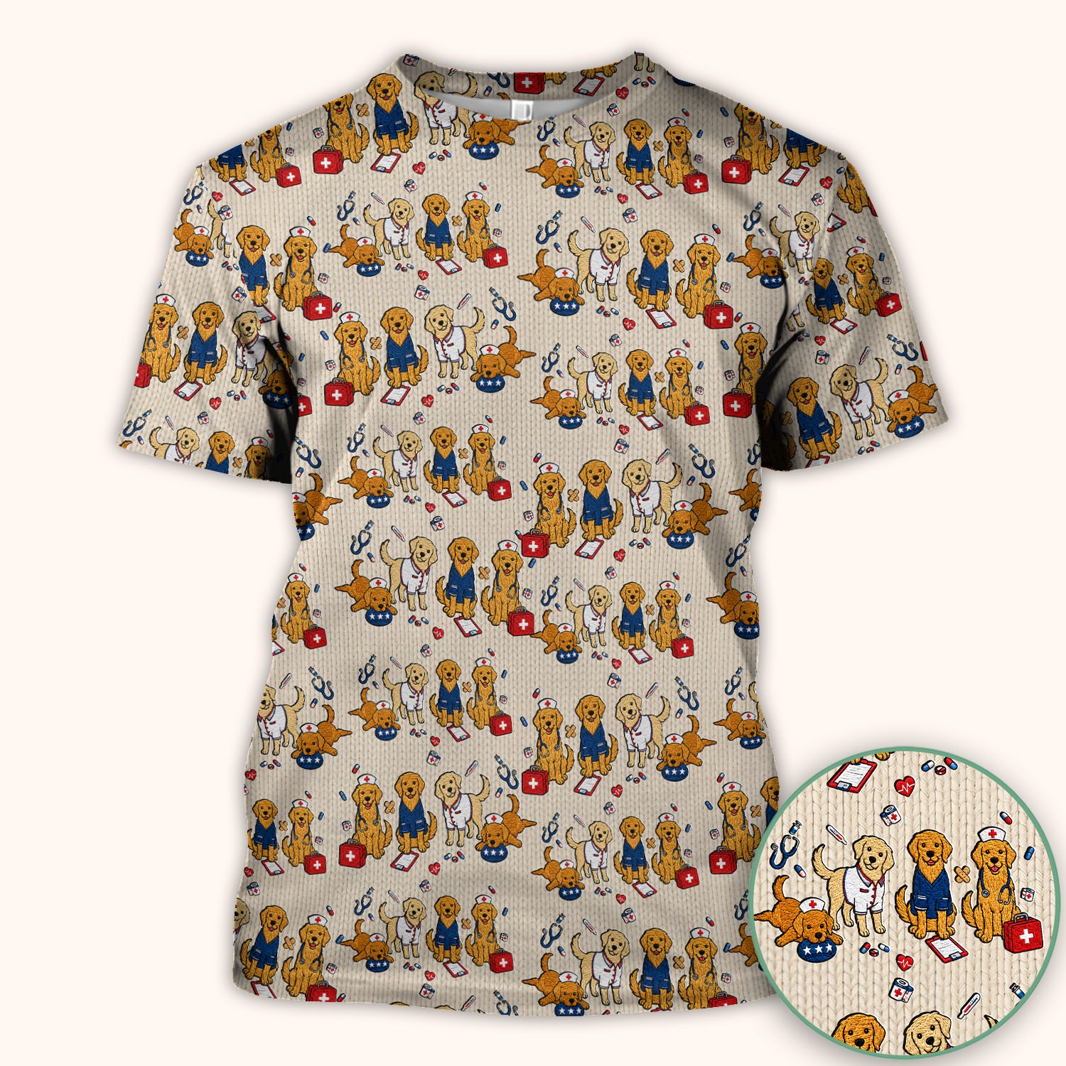 Golden Retriever Nurse Dog Pattern Scrub Top, Breathable Fabrics Nursing Uniform Scrub Top, Comfortable Scrubs for Nurses