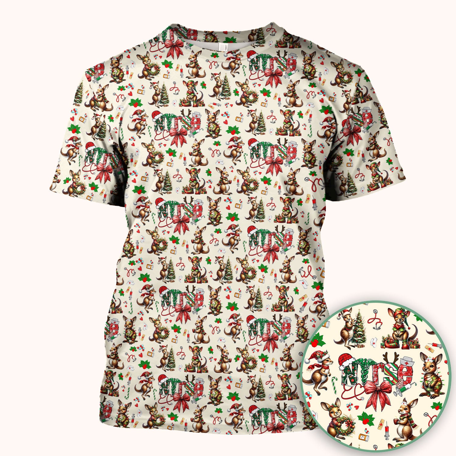 Whimsical Kangaroo Christmas Scrub Top – Festive Australian Animals Holiday Pattern – Cute Medical Uniform for Nurses, Vets & Healthcare Workers