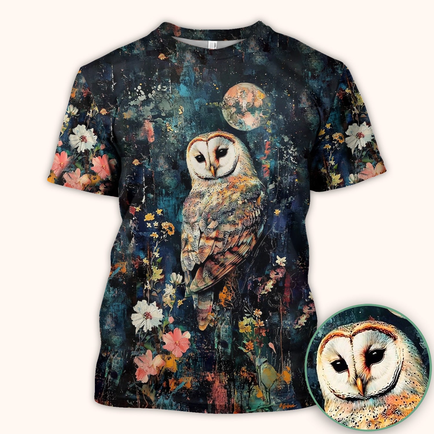 Moonlit Barn Owl Floral Pattern Scrub Top, Comfortable Scrubs for Nurses