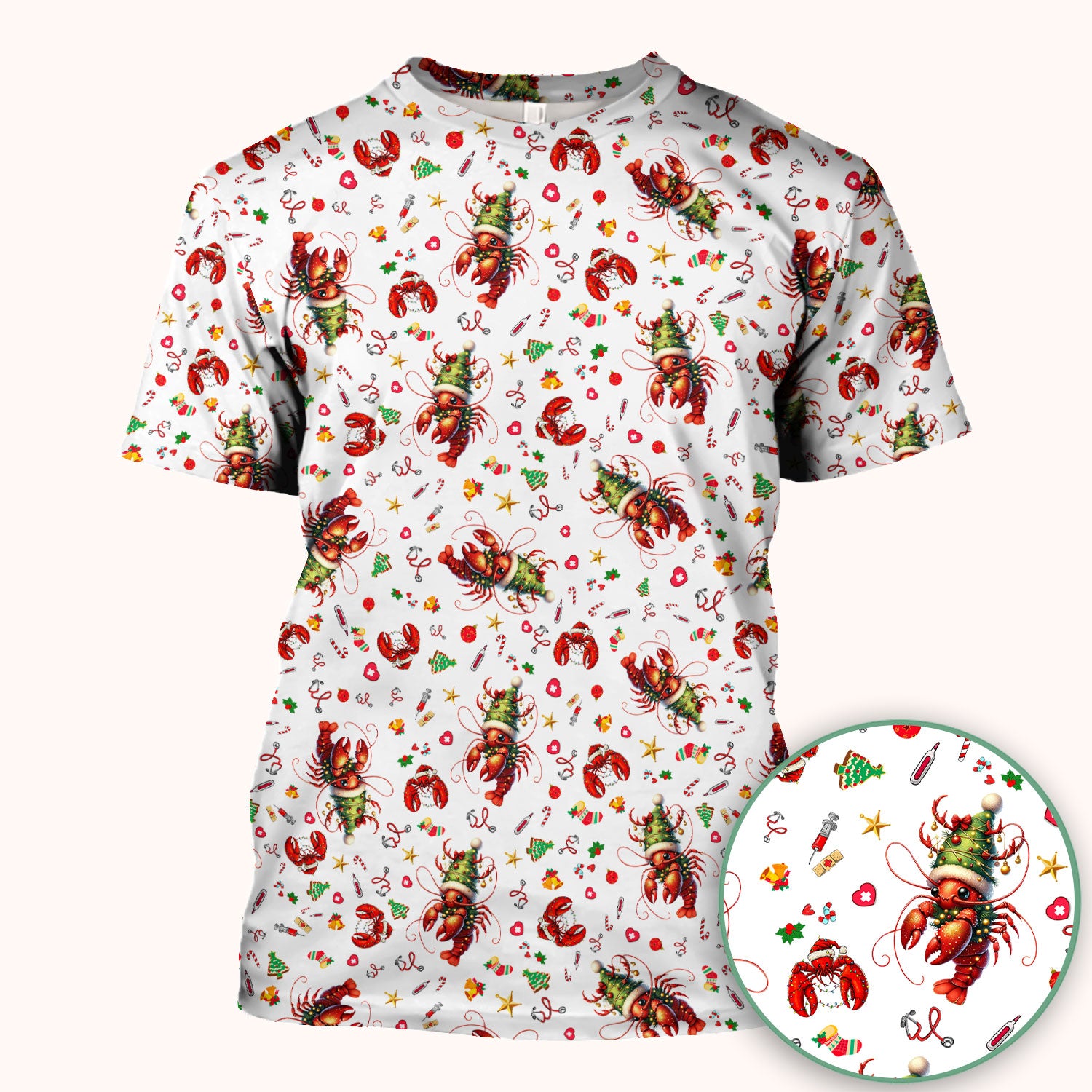 Whimsical Crawfish Christmas Scrub Top – Southern Christmas Cajun Holiday Crawfish Pattern – Cute Medical Uniform for Nurses, Vets And Healthcare Workers
