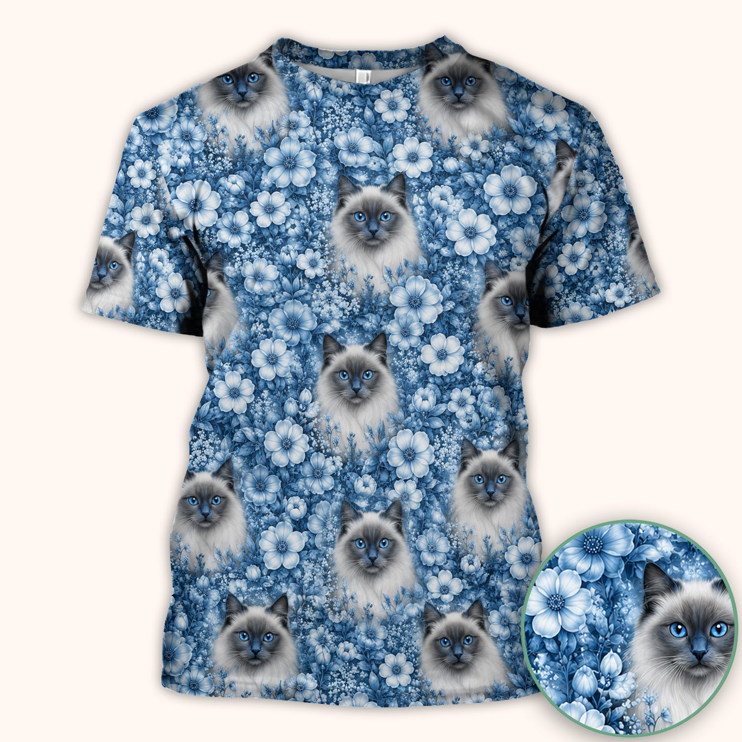 Blue Floral Ragdoll Cat Pattern Scrub Top, Comfortable Scrubs for Nurses
