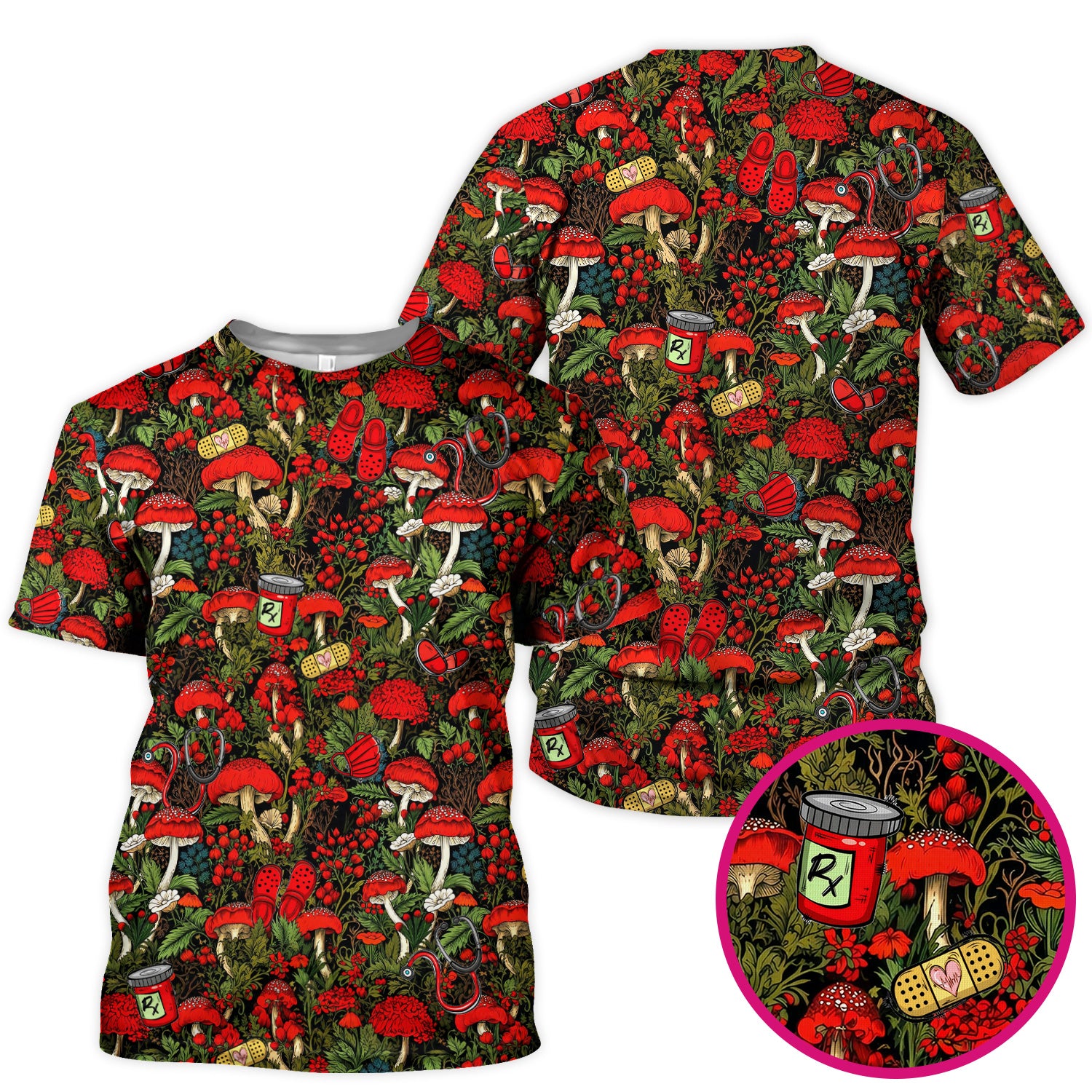 Red Mushroom Medical Forest Pattern Scrub Top, Comfortable Scrubs for Nurses