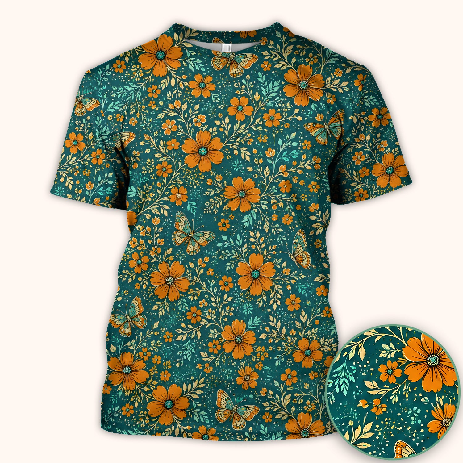 Orange Floral Butterfly Vine Pattern Scrub Top, Comfortable Scrubs for Nurses
