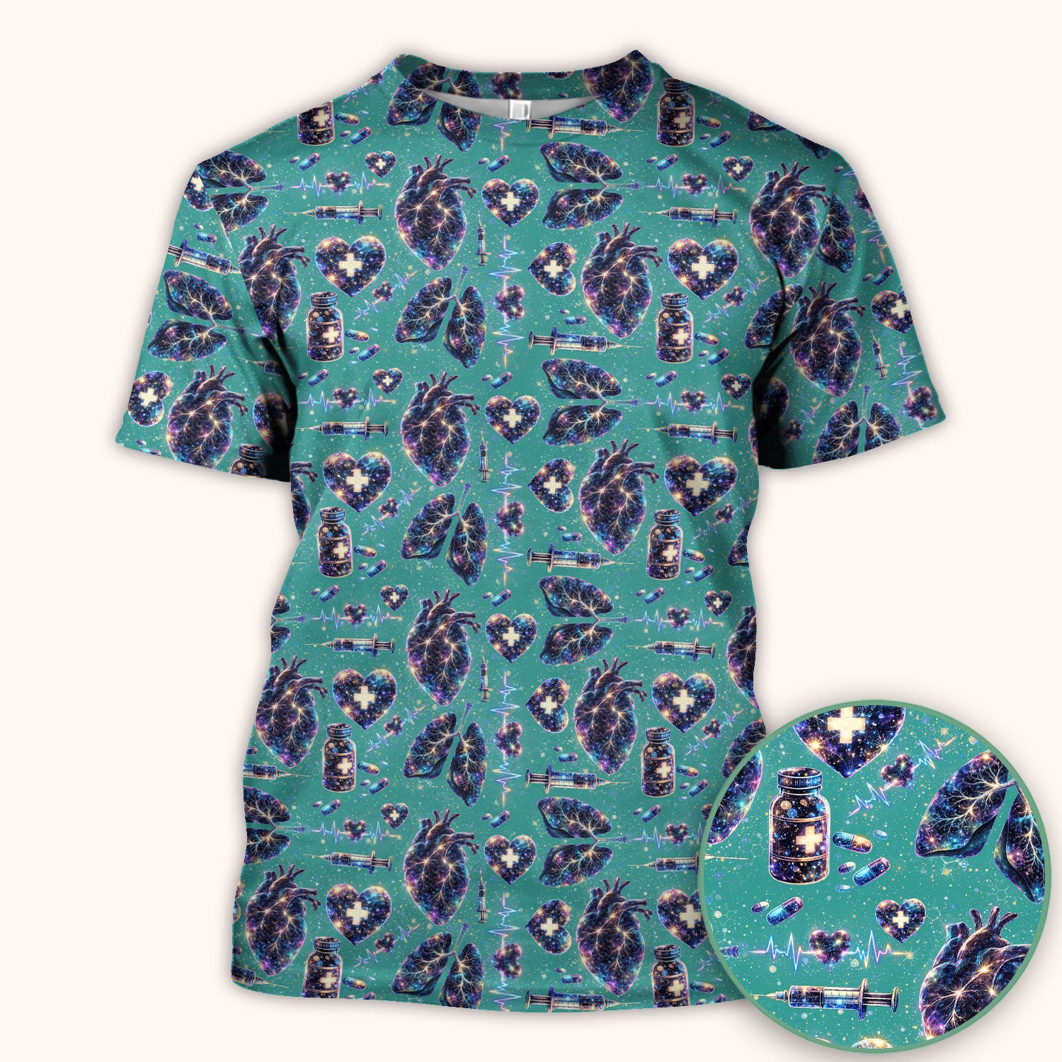 Galaxy Anatomical Heart Lung Syringe Print Scrub Top, Breathable Fabrics Nursing Uniform