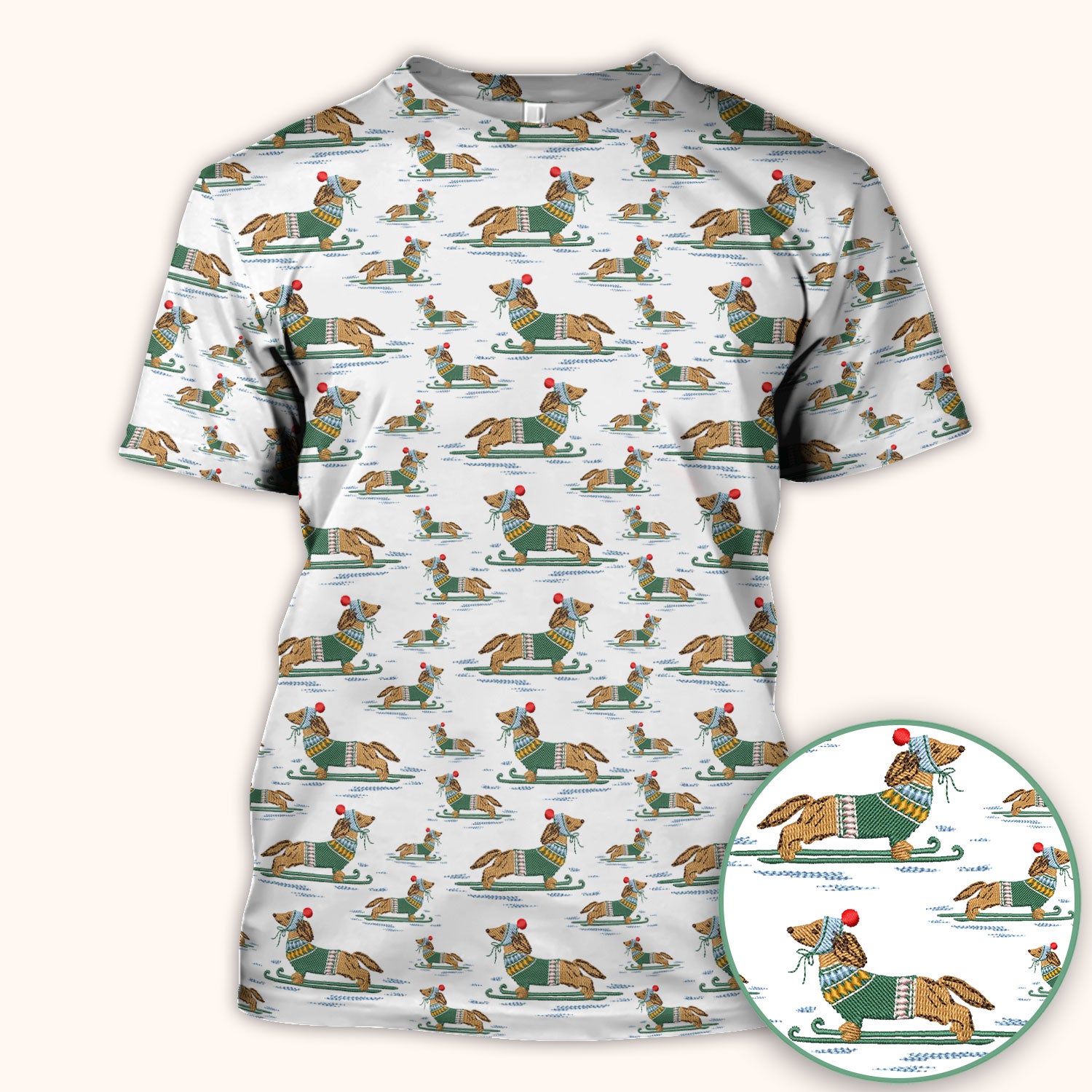 Dachshund Nurse Scrub Top, Wiener Dog Winter Pattern Shirt, Breathable Fabrics Nursing Uniform