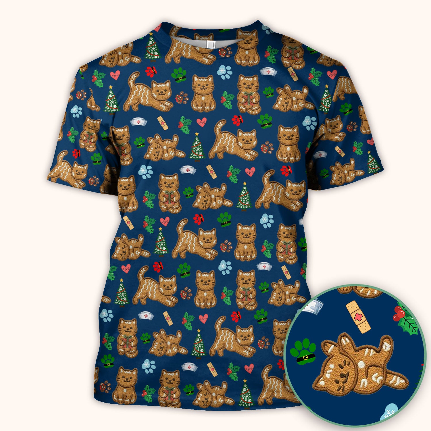 Gingerbread Cat Christmas Scrub Top, Cute Holiday Kitty Medical Uniform Shirt For Nursing, Festive Nurse Pattern