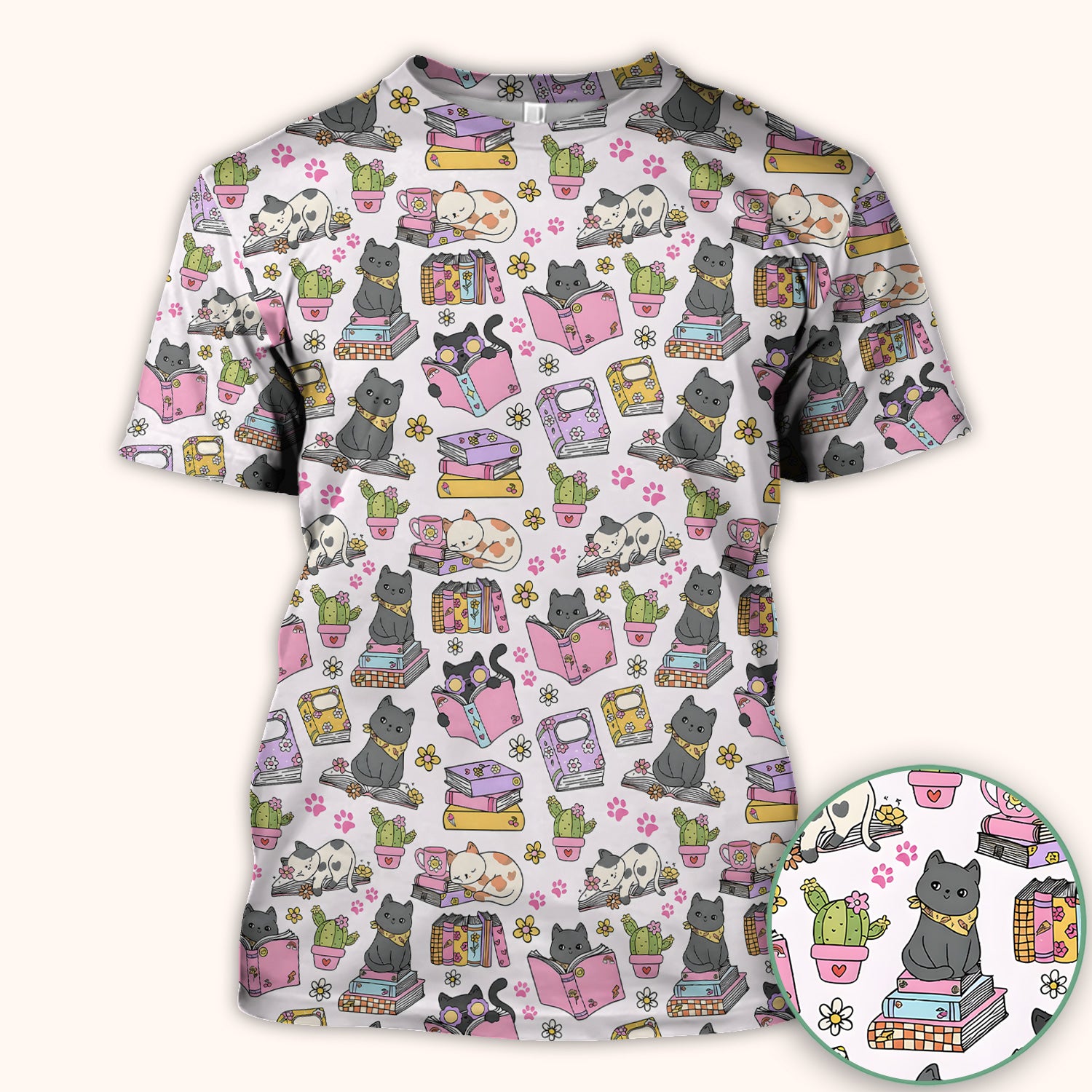Cute Cat Book Cactus Seamless Pattern Scrub Top, Comfortable Scrubs for Nurses