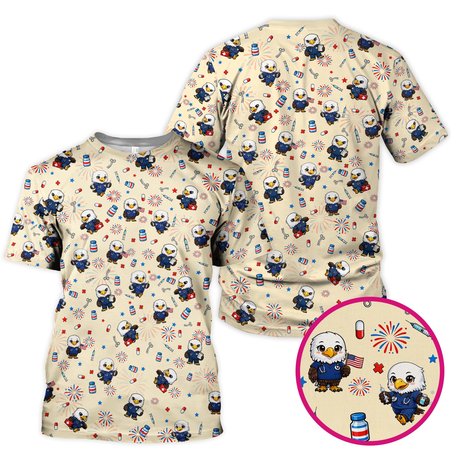 Patriotic Nurse Eagle Fireworks Medical Pattern Scrub Top, Breathable Fabrics Nursing Uniform