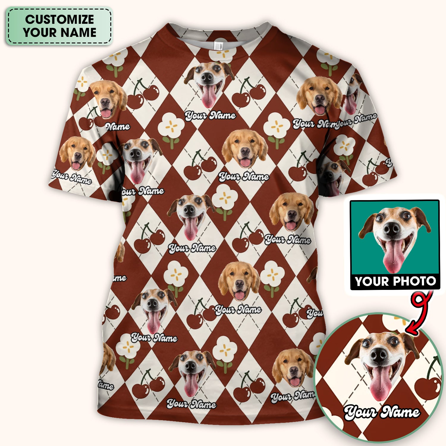 Custom Dog Face Scrub Top, Playful Dog Cherry Argyle Pattern Shirt, Comfortable Scrubs for Nurses