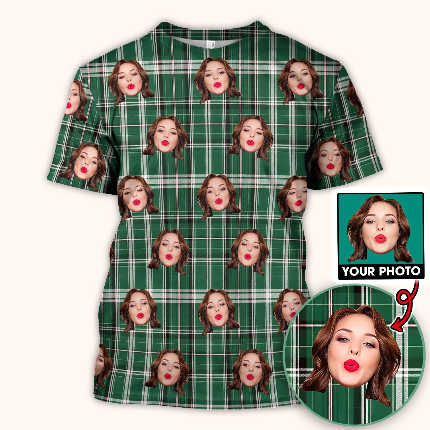 Personalized Funny Face Plaid Scrub Top, Custom Photo Pattern Medical Shirt, Breathable Fabrics Nursing Uniform