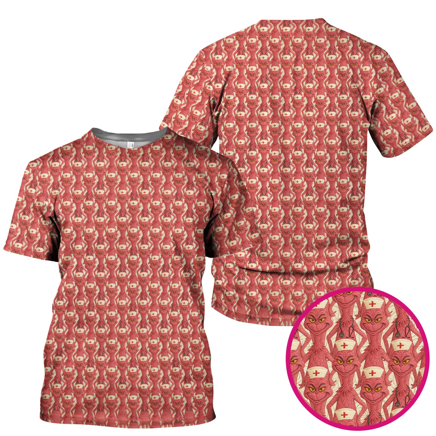 Funny Red Grinch Nurse Scrub Top - Cartoon Grinch Pattern Scrub Shirt Multi Color - Cute Christmas Holiday Nursing Workwear