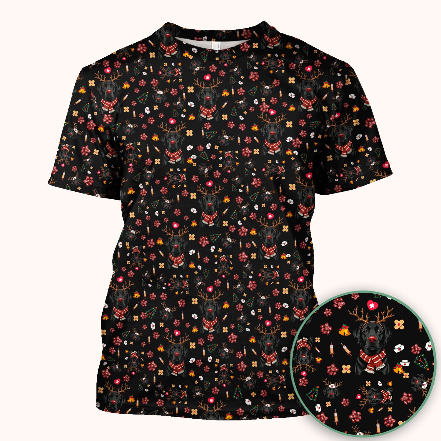 Funny Black Lab Reindeer Scrub Top - Christmas Dog Nurse Shirt - Cute Holiday Medical Uniform Gift for RN LPN CNA