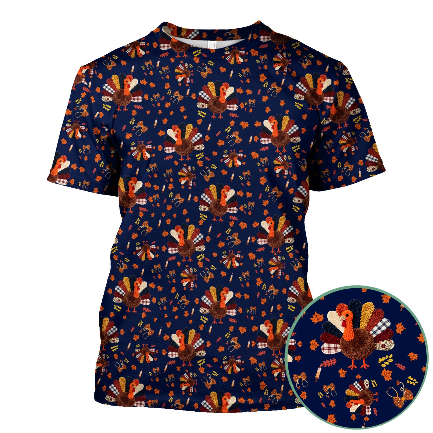 Funny Thanksgiving Nurse Scrub Top - Fall Leaves and Pumpkin Shirt - Autumn Turkey Med Uniform Gift for RN CNA LPN
