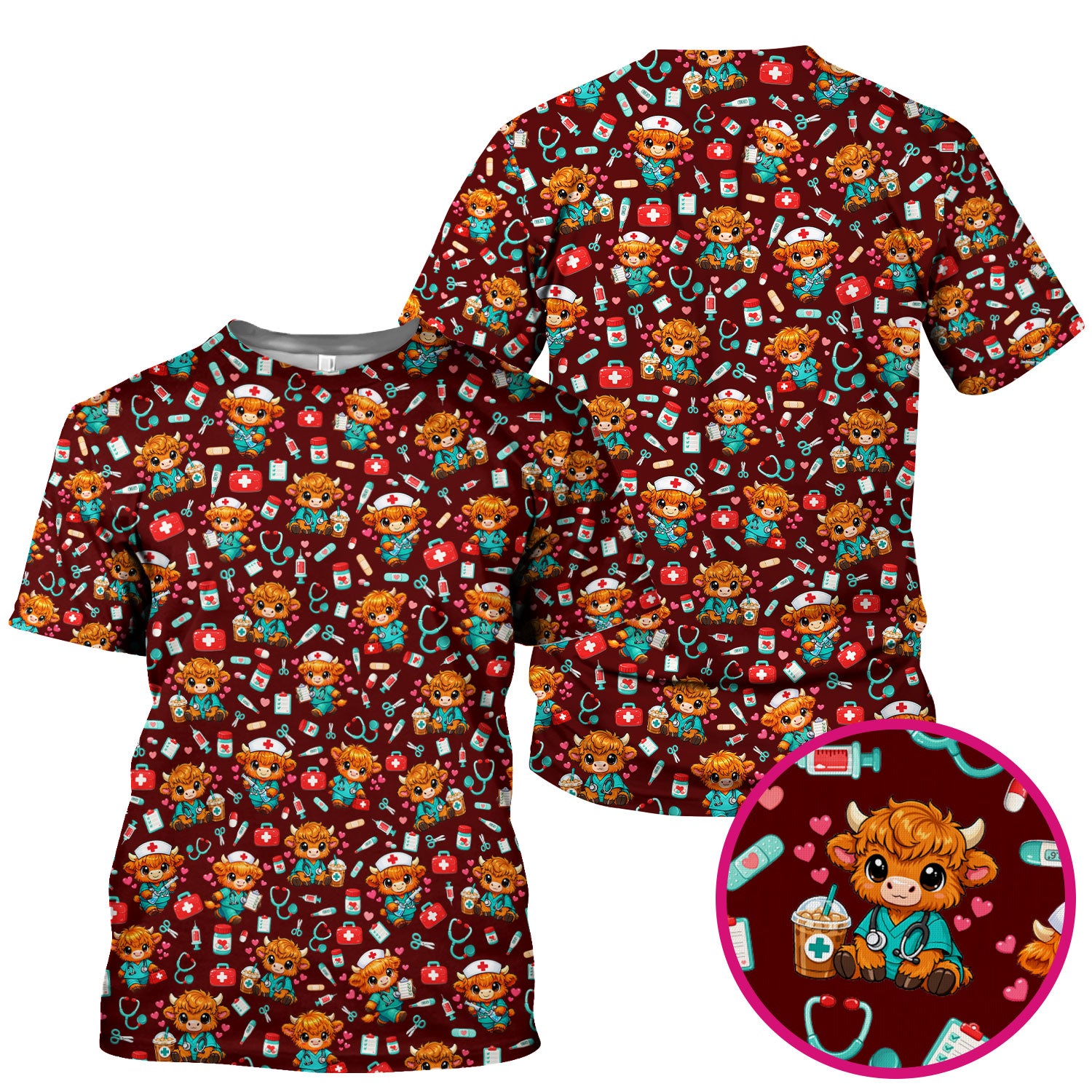Cute Highland Cow Nurse Scrub Top, Kawaii Medical Pattern Shirt, Breathable Fabrics Nursing Uniform