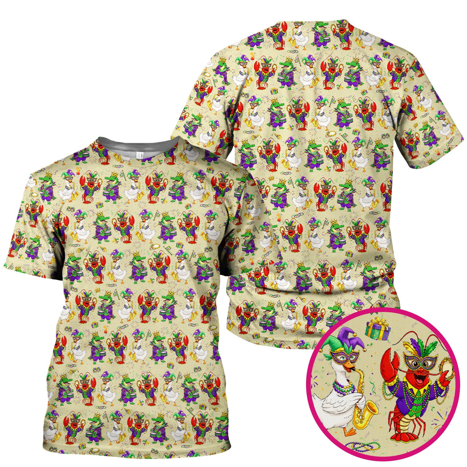 Crawfish And Duck Carnival Scrub Top, Mardi Gras Parade Pattern Nurse Shirt, Breathable Fabrics Nursing Uniform