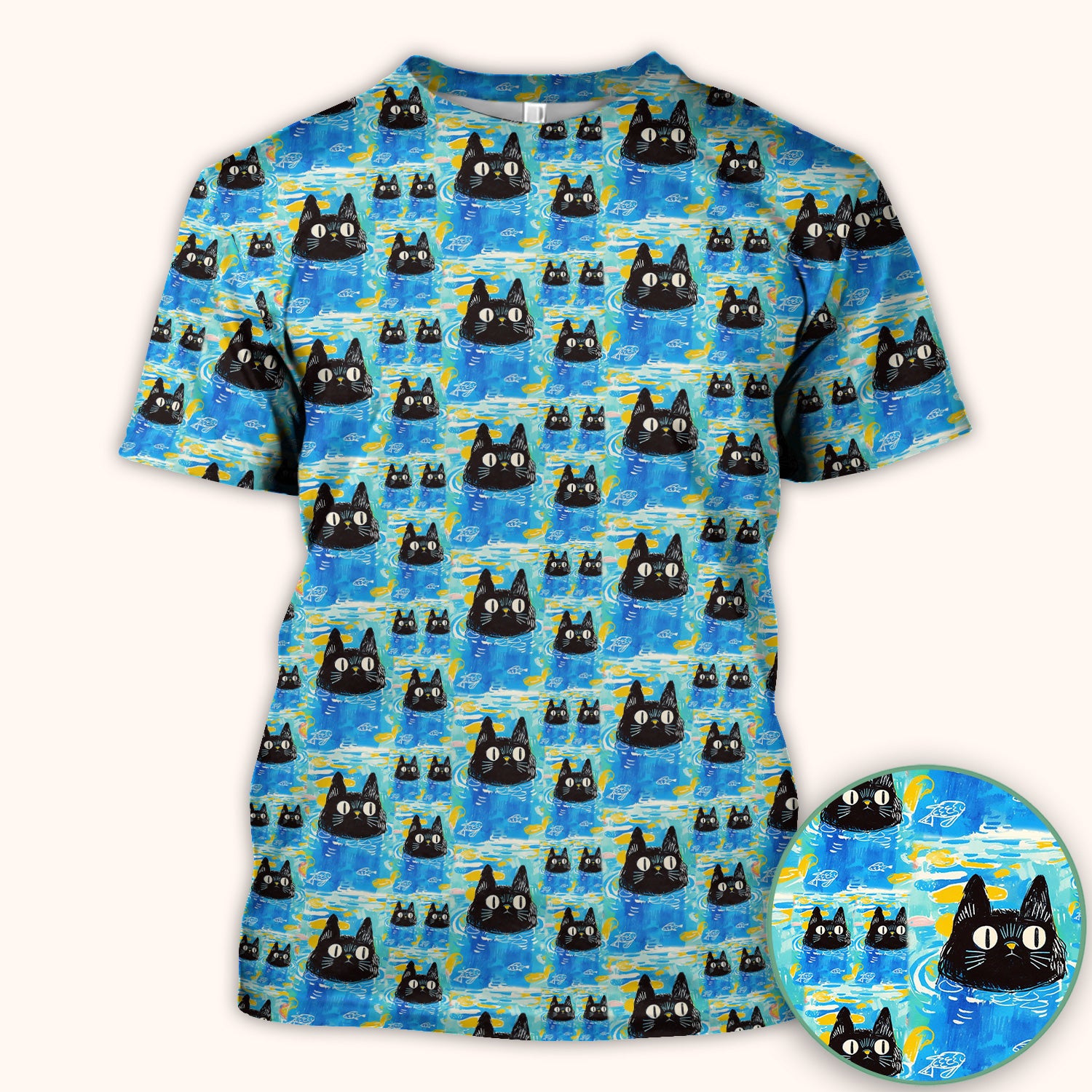 Black Cat Swimming In Blue Water Pattern Scrub Top, Comfortable Scrubs for Nurses