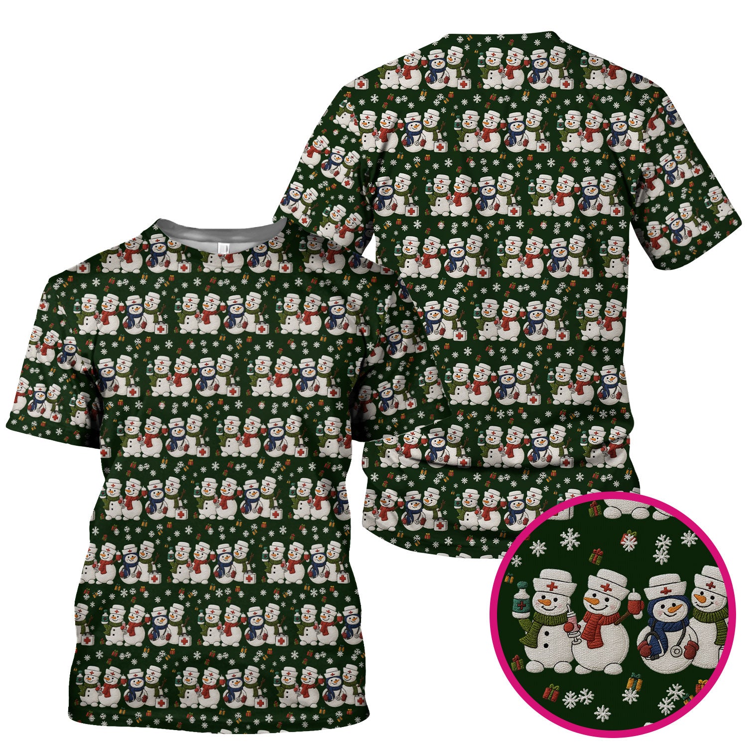 Cute Christmas Snowman Nurse Pattern Scrub Top, Breathable Fabrics Nursing Uniform