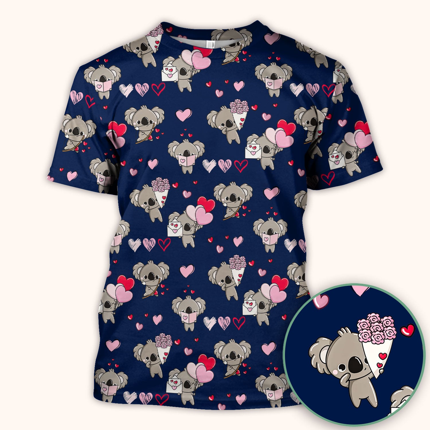 Valentine Koala Holding Flowers Cute Print Scrub Top, Comfortable Scrubs for Nurses