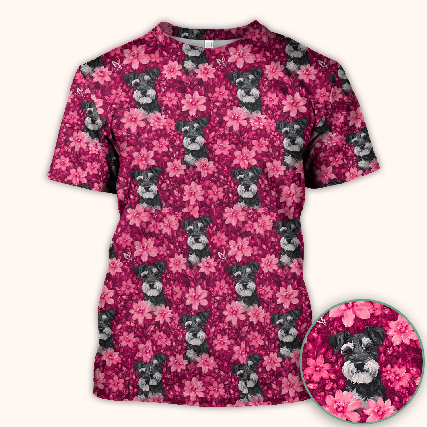 Pink Floral Schnauzer Pattern Scrub Top, Comfortable Scrubs for Nurses