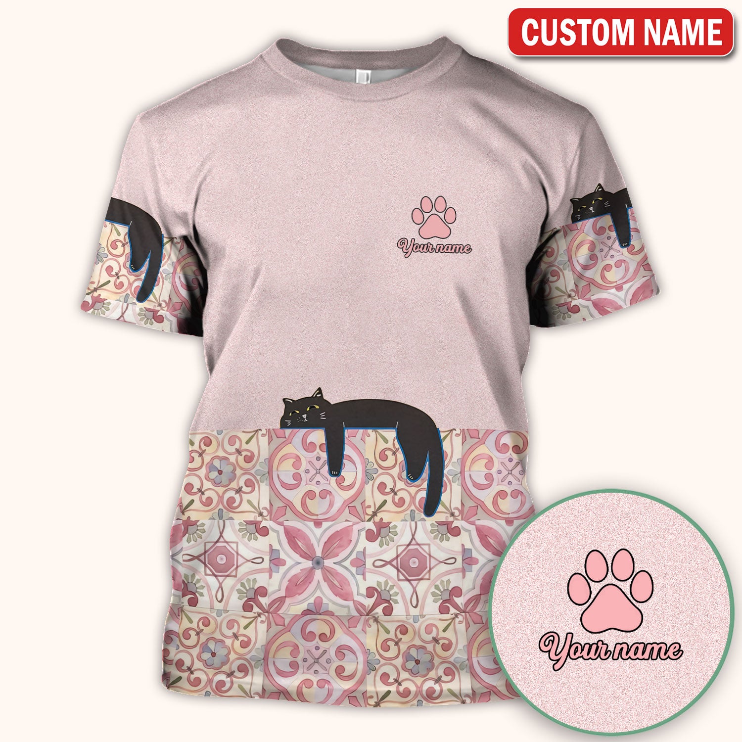 Custom Name Pink Floral Nurse Shirt, Personalized Black Cat Scrub Top For Women, Breathable Fabrics Nursing Uniform