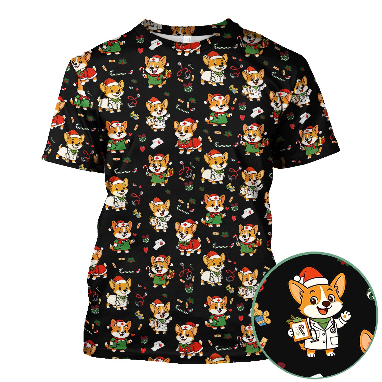 Cute Christmas Corgi Scrub Top - Cute Holiday Dog Nurse Uniform - Funny Medical Top Gift for RN CNA LPN Nursing Students