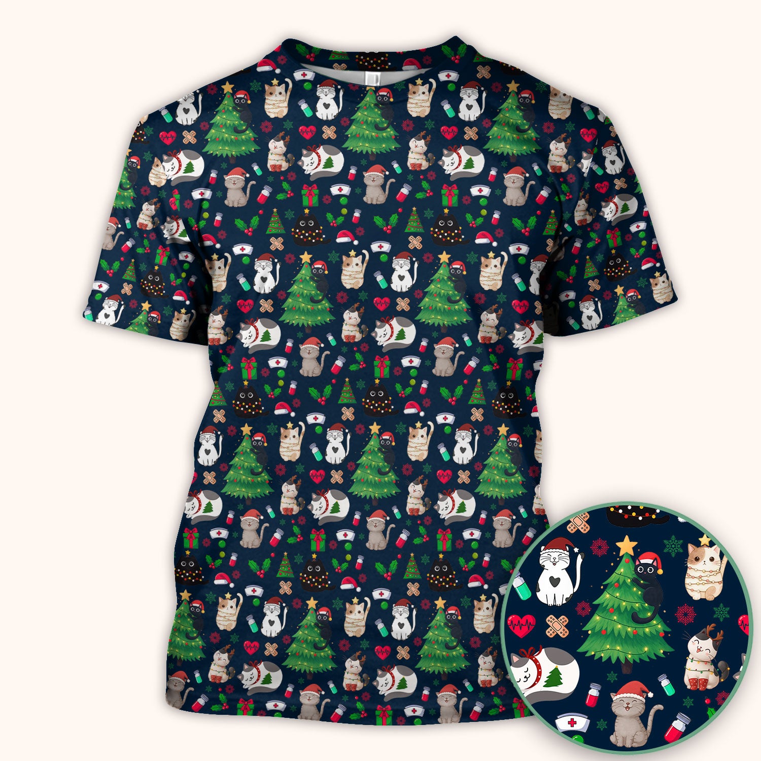 Christmas Cat Scrub Top, Xmas Pet Pattern Scrub Shirt, Breathable Fabrics Nursing Uniform