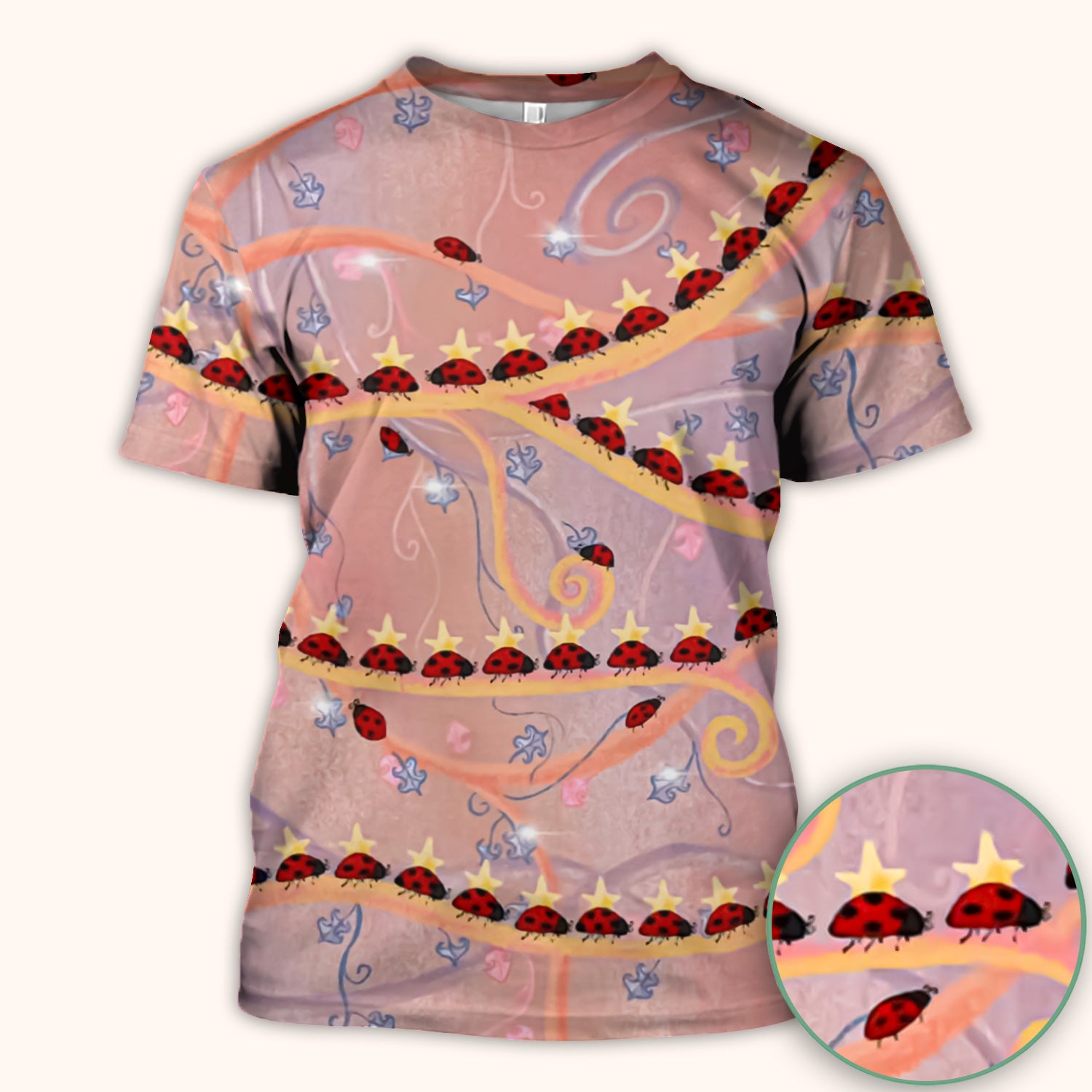 Cute Ladybug Star Vine Swirl Pattern Scrub Top, Comfortable Scrubs for Nurses