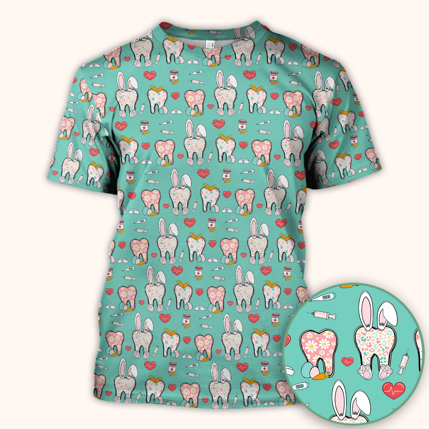 Playful Bunny Dentist Illustration Medical Scrub Top, Comfortable Scrubs for Nurses, Easter