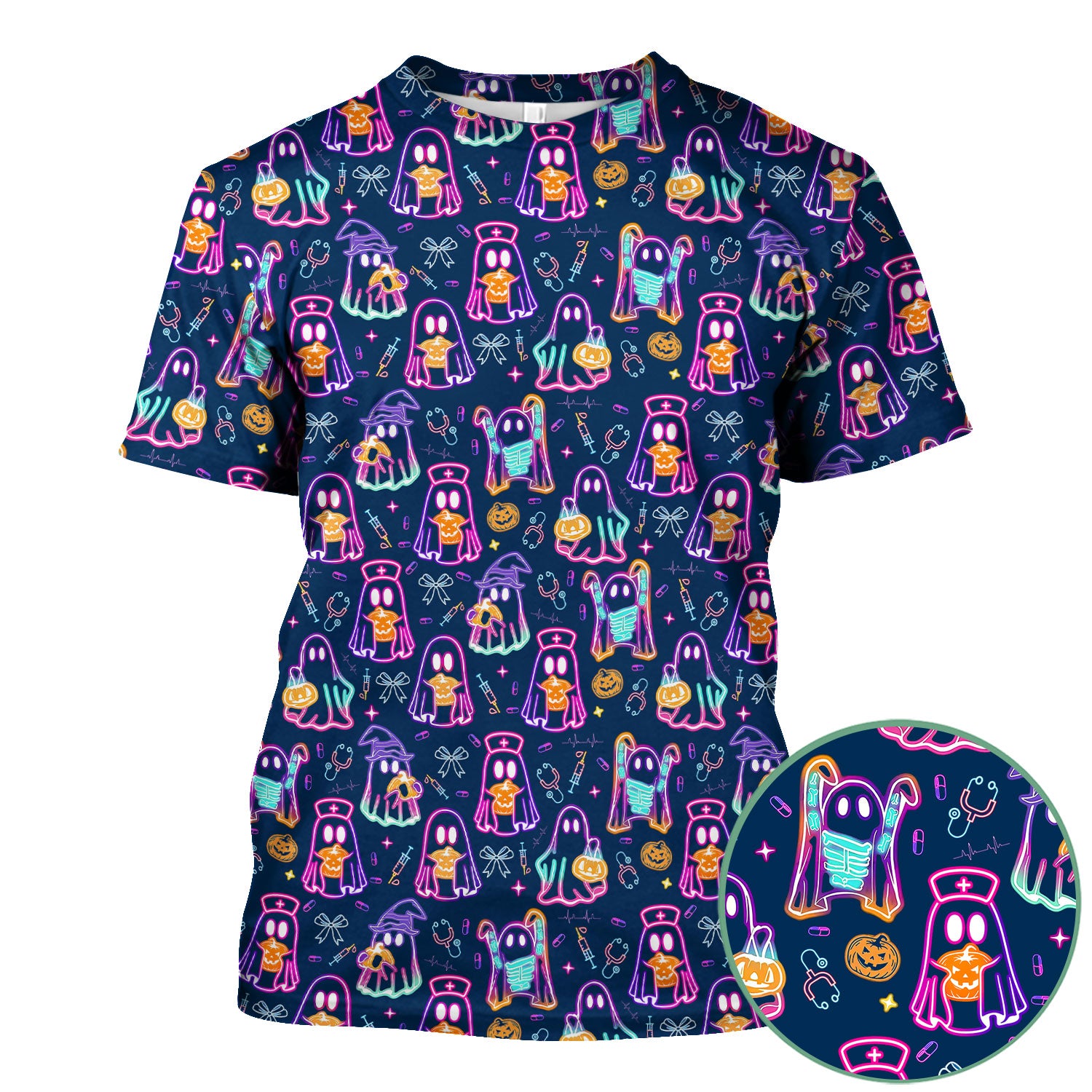 Spooky Neon Ghost Nurse Scrub Top - Halloween Pumpkin Nursing Shirt for Women - Cute Medical Uniform RN CNA LPN Gift