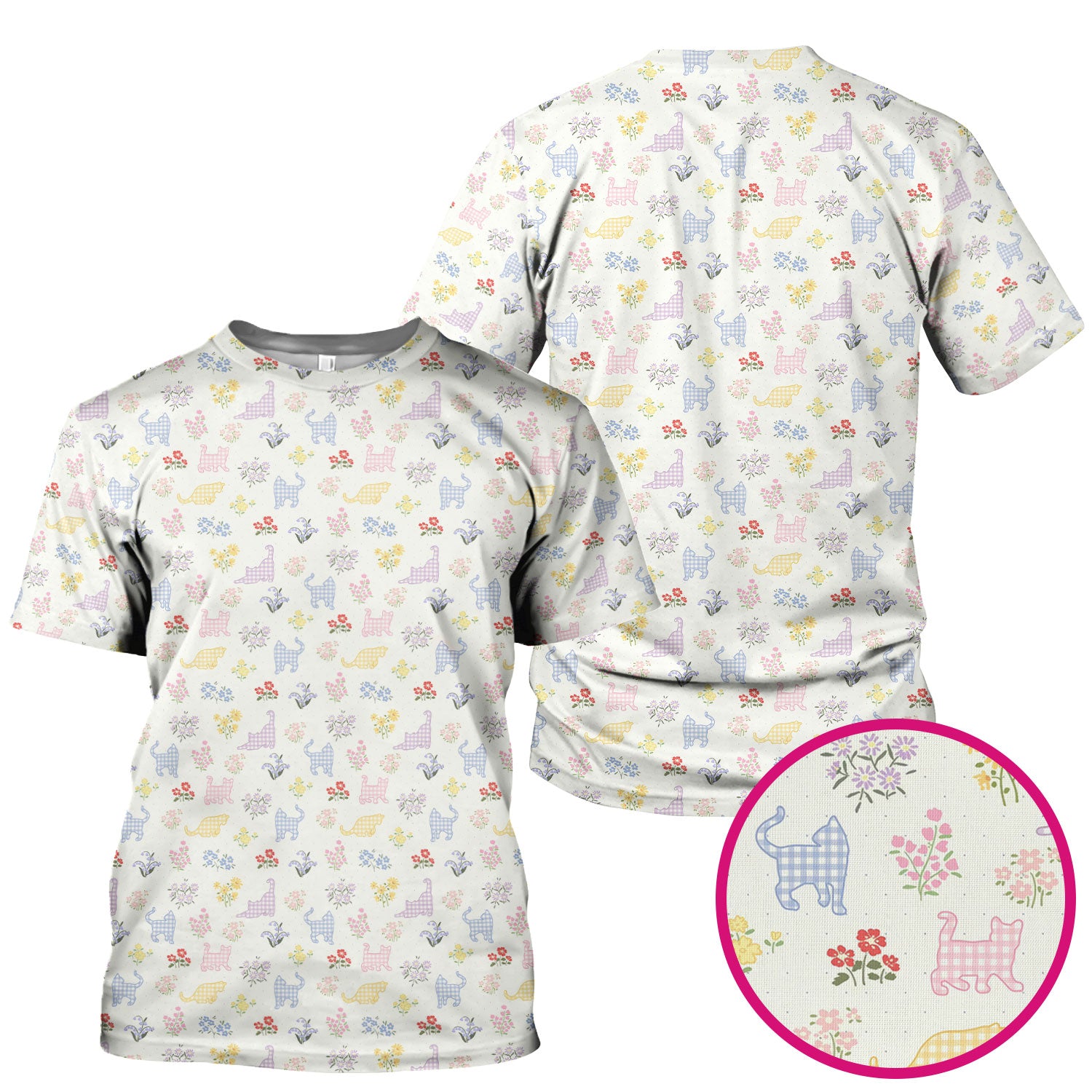 Pastel Cat Floral Nurse Scrub Top, Cute Cat Medical Pattern Shirt, Breathable Fabrics Nursing Uniform