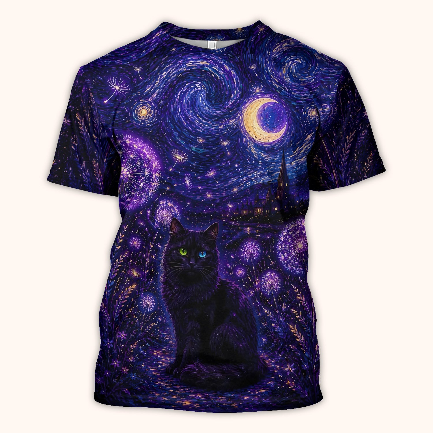 Mystical Black Cat Starry Night Print Scrub Top, Comfortable Scrubs for Nurses