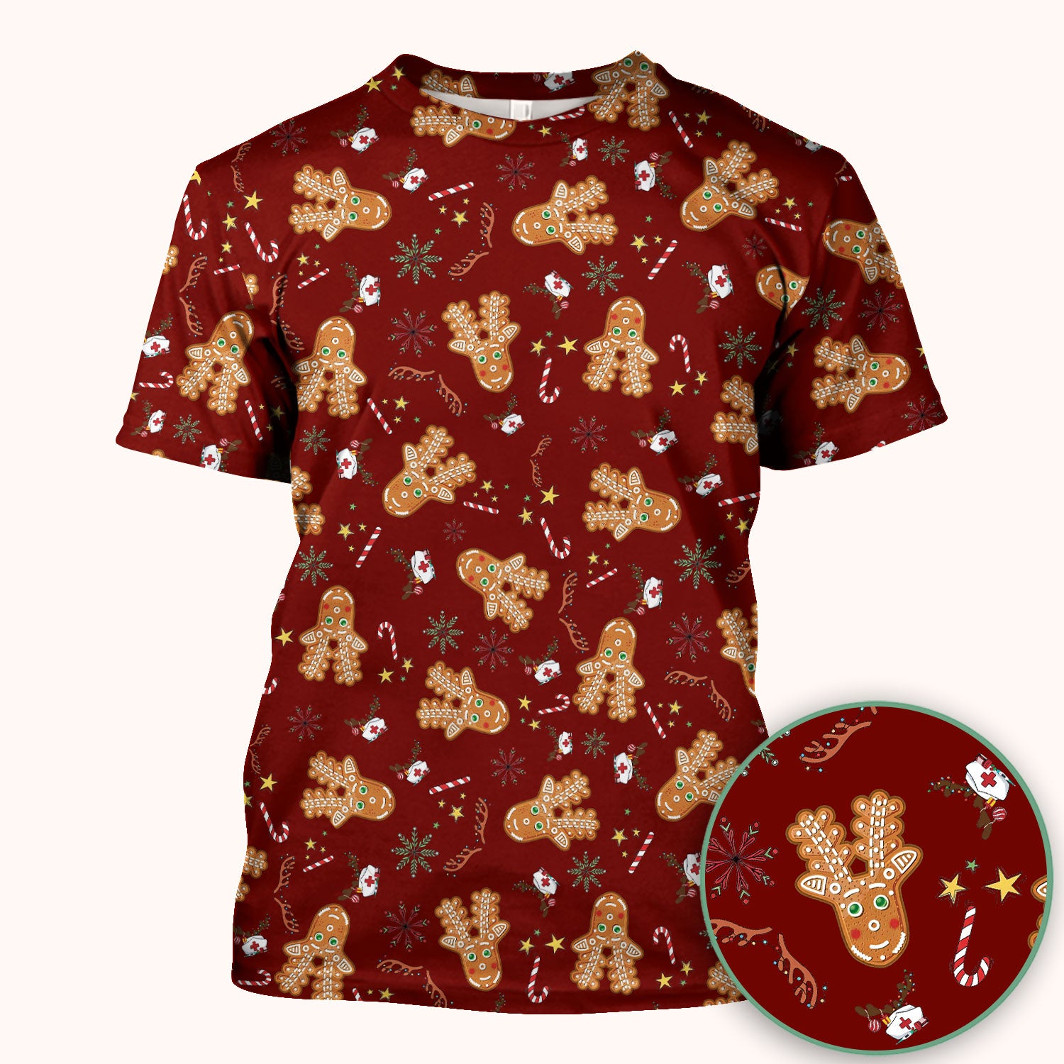 Gingerbread Cookies Reindeer Scrub Top - Funny Christmas Gingerbread Breathable Med Uniform - Comfortable Scrubs for RN CNA LPN