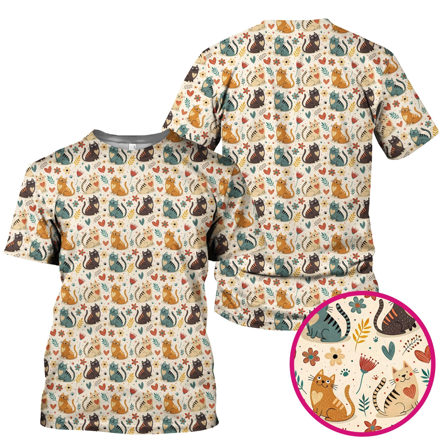 Cute Cat Print V Neck Scrub Top for Nurses, Floral Medical Uniform
