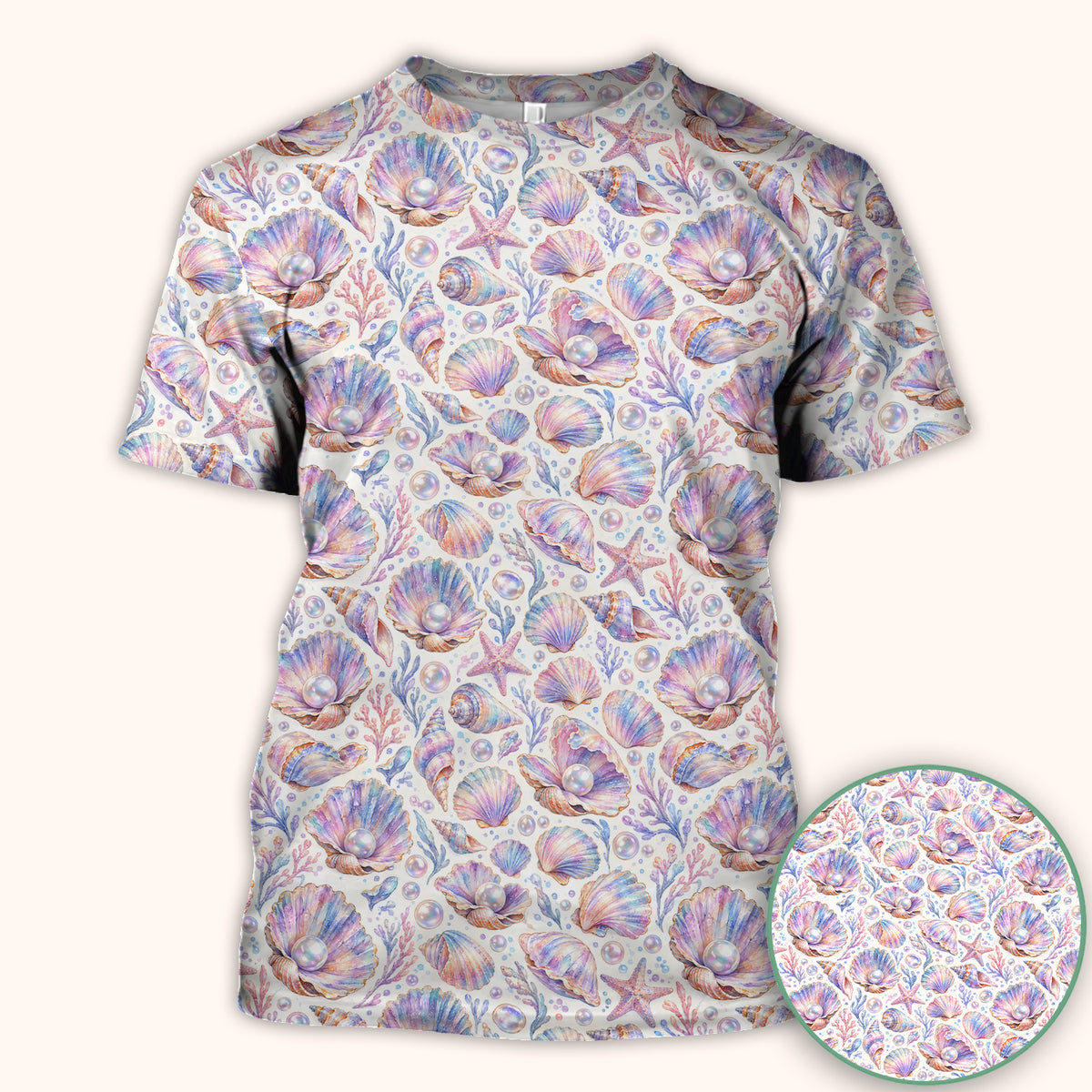 Pastel Seashell And Pearl Pattern Scrub Top, Comfortable Scrubs for Nurses