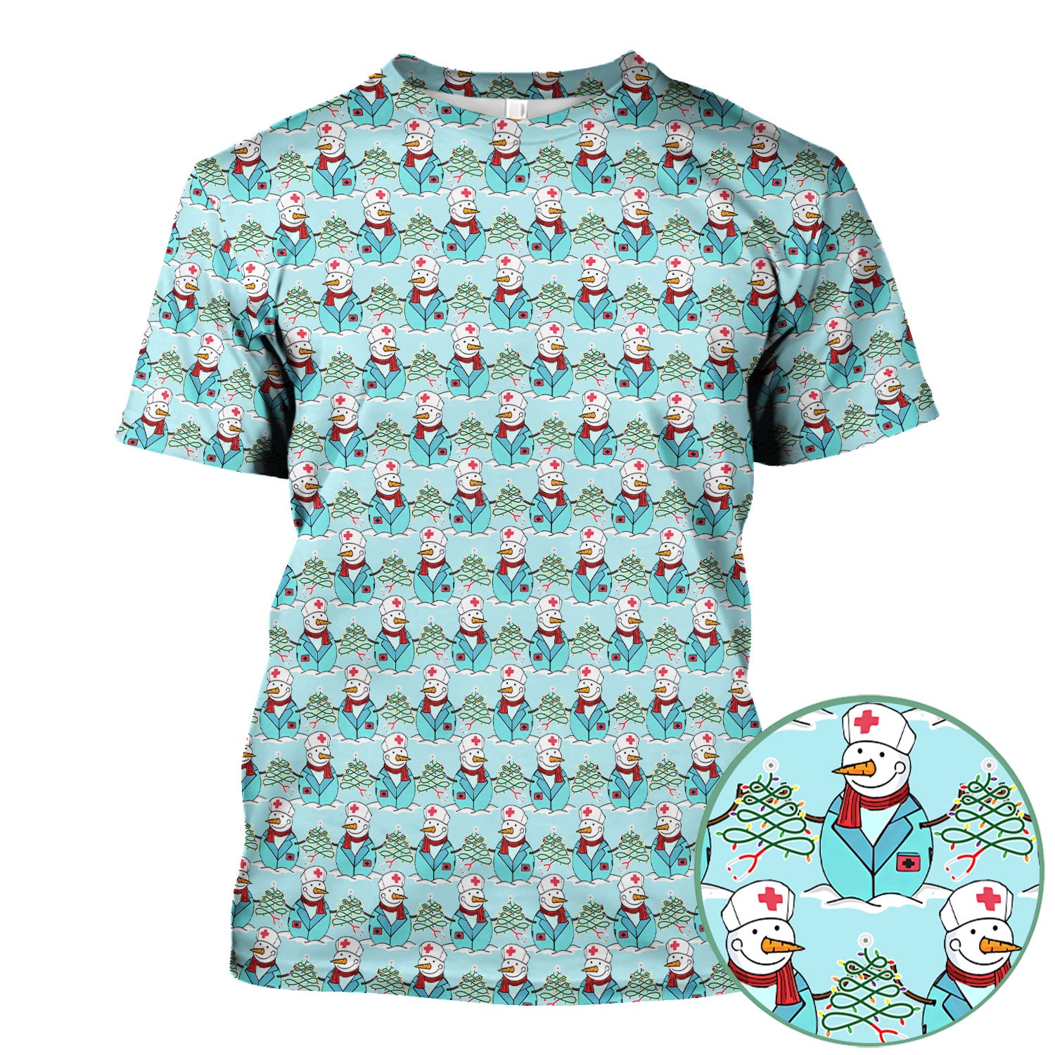 Christmas Nurse Scrubs for Women - Cute Snowman Medical Print Top - Multi Color Custom Nursing Shirt Holiday Gift for Healthcare Workers