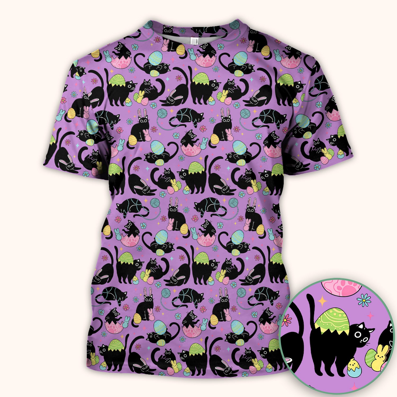 Funny Easter Black Cat Egg Pattern Scrub Top, Breathable Fabrics Nursing Uniform