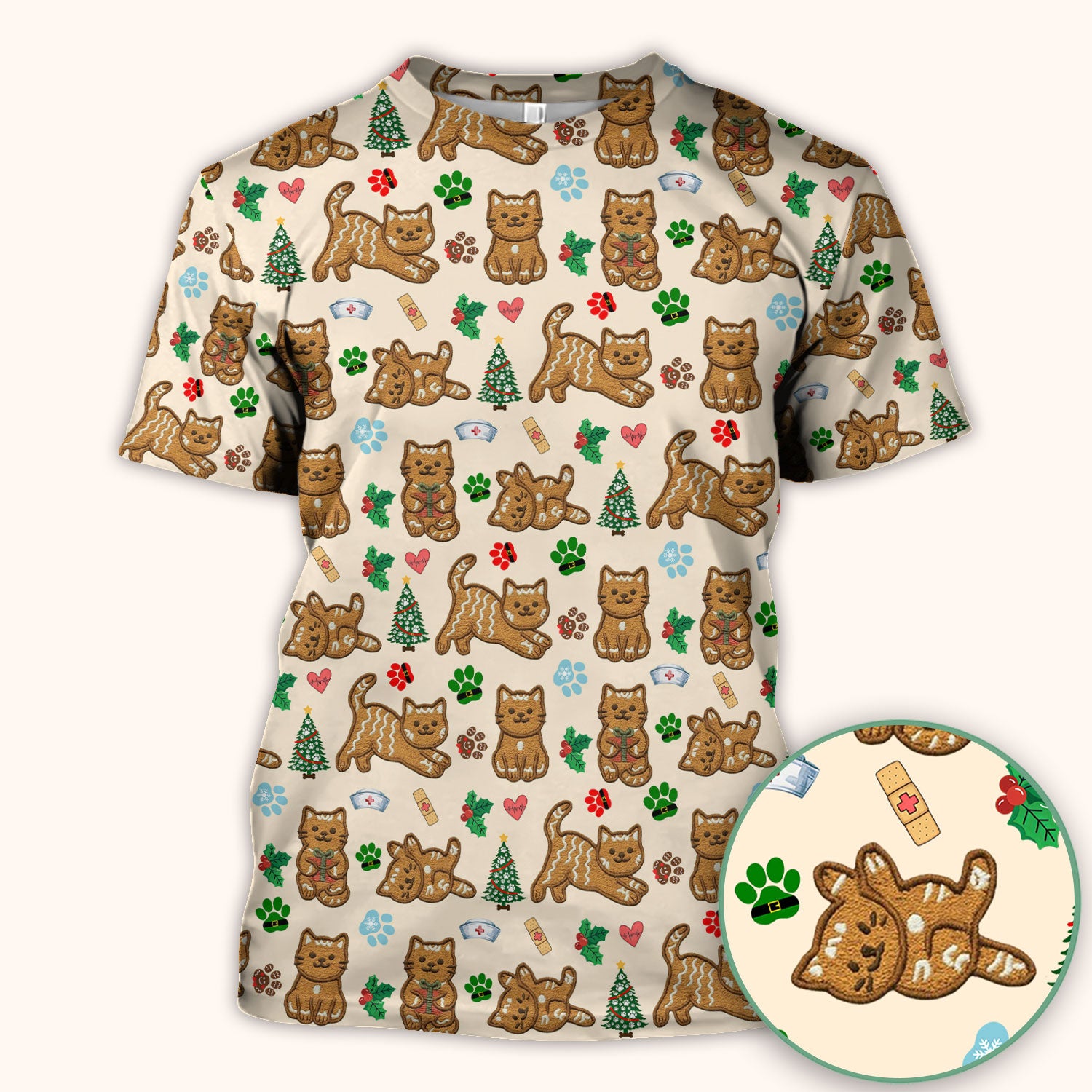 Gingerbread Cat Christmas Scrub Top, Cute Holiday Kitty Medical Uniform Shirt For Nursing, Festive Nurse Pattern