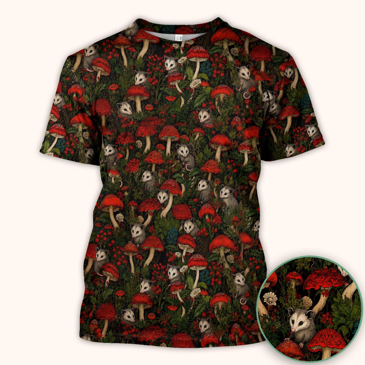 Woodland Opossum Red Mushroom Pattern Scrub Top, Comfortable Scrubs for Nurses